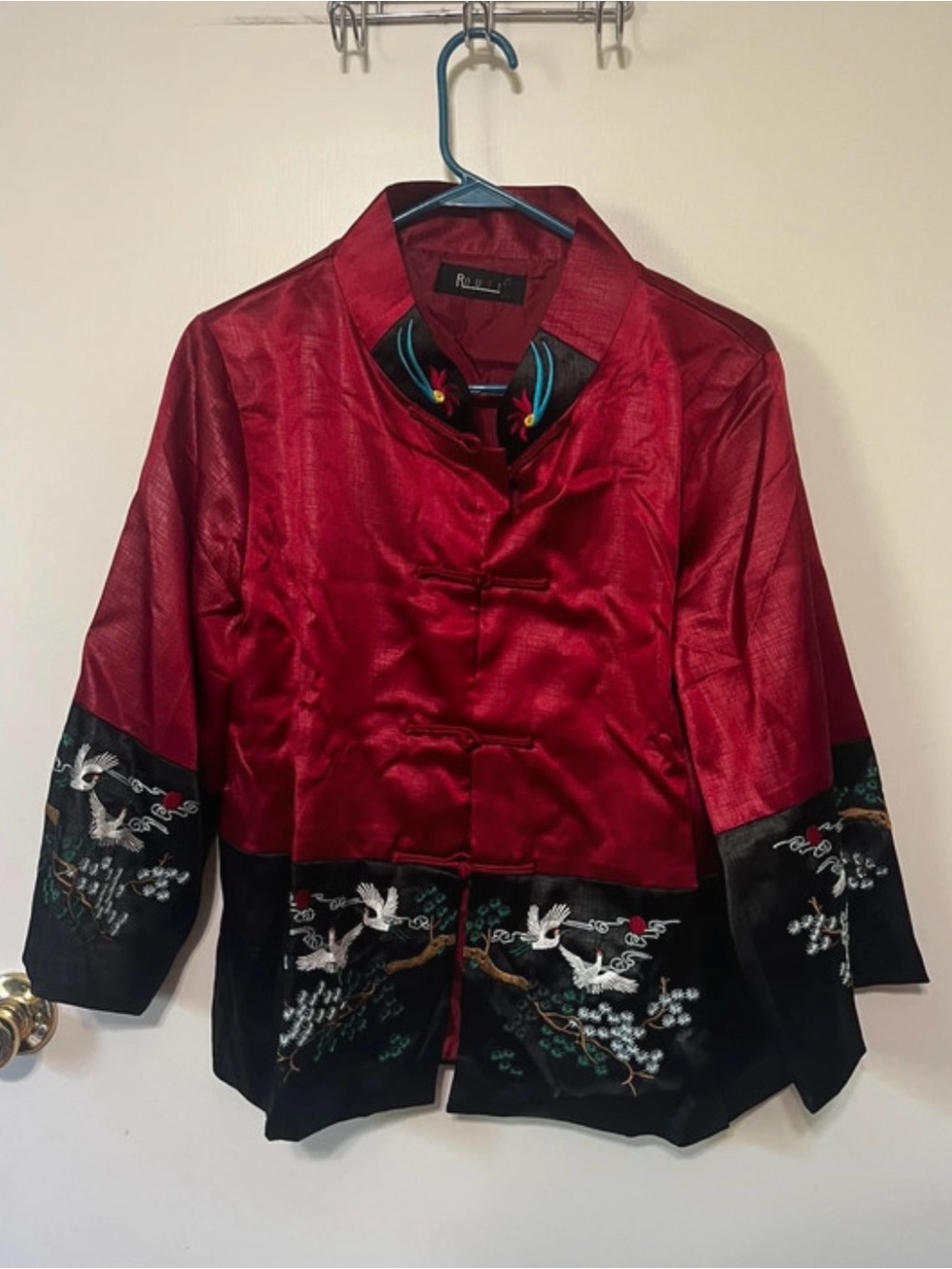 Red & Black Embroidered Satin Mandarin Jacket - rousi